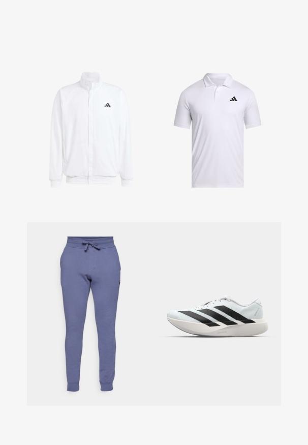 Weiße leichte Jacke mit Stehkragen, durchgehendem Reißverschluss, seitlichen Taschen und schwarzem Adidas-Logo auf der linken Brust. Weicher Stoff.; Weißes Polohemd aus atmungsaktivem Stoff mit Kragen, kurzen Ärmeln und einem schwarzen Adidas-Logo auf der linken Brust.; Lila Jogginghosen aus weichem Material, mit einem elastischen Bund, Kordelzugdetails und schmal zulaufenden Beinen mit gerippten Bündchen.; Leichte Laufschuhe in hellblau mit schwarzen Streifen. Sie verfügen über ein glattes Obermaterial, eine runde Zehenpartie und eine dicke weiße Zwischensohle, die mit "LIGHTSTRIKE PRO" beschriftet ist.