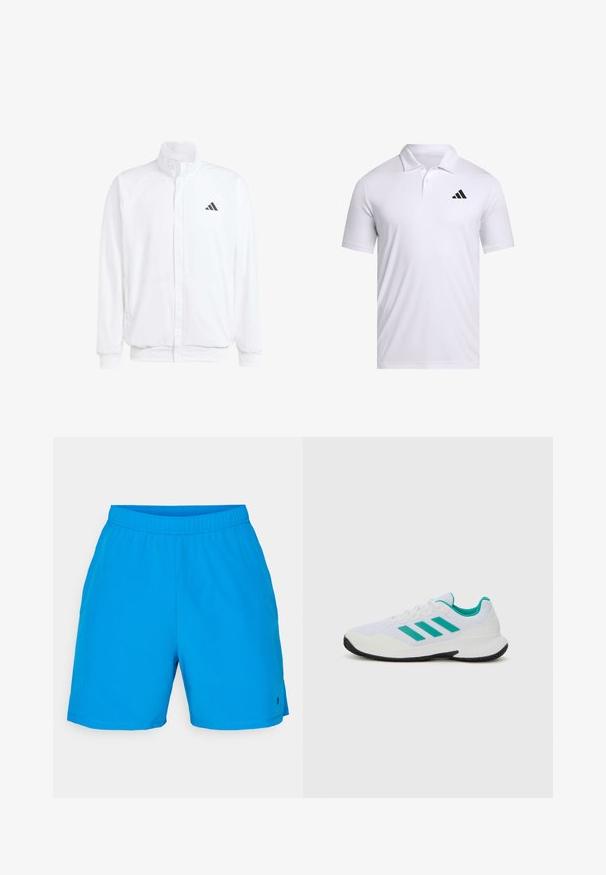 Valge kerge jakk, millel on seisev krae, ees lukuga kinnitus, küljetaskud ja must Adidas logo vasakul rinnal. Pehme tekstuur.; Valge polo särk hingavast kangast, millel on krae, lühikesed varrukad ja must Adidas logo vasakul rinnal.; Sinise ujumispüksid, mis on valmistatud kergest materjalist, elastse vöökohtade ja tekstuurse viimistlusega. Lisatud on väike logo detail.; Valge sportlik king, millel on türkiissinised aktsendid, võrkkate, kolm paralleelset triipu küljel, struktureeritud kand ja must kummist tall.