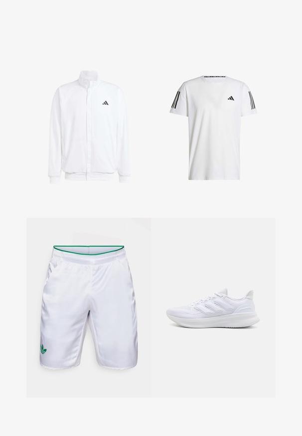 Weiße leichte Jacke mit Stehkragen, durchgehendem Reißverschluss, seitlichen Taschen und schwarzem Adidas-Logo auf der linken Brust. Weicher Stoff.; Weißes T-Shirt mit kurzen Ärmeln aus atmungsaktivem Stoff, featuring ein schwarzes dreieckiges Logo und drei schwarze Streifen auf jeder Schulter.; Weiße Sportshorts mit grünem Bund und grünem Adidas Trefoil-Logo. Hergestellt aus einem glatten, leichten Stoff und ausgestattet mit seitlichen Taschen.; Weiße Sportschuhe mit einem strukturierten Mesh-Obermaterial, einer stützenden gepolsterten Sohle und einem drei Streifen-Design an der Seite.