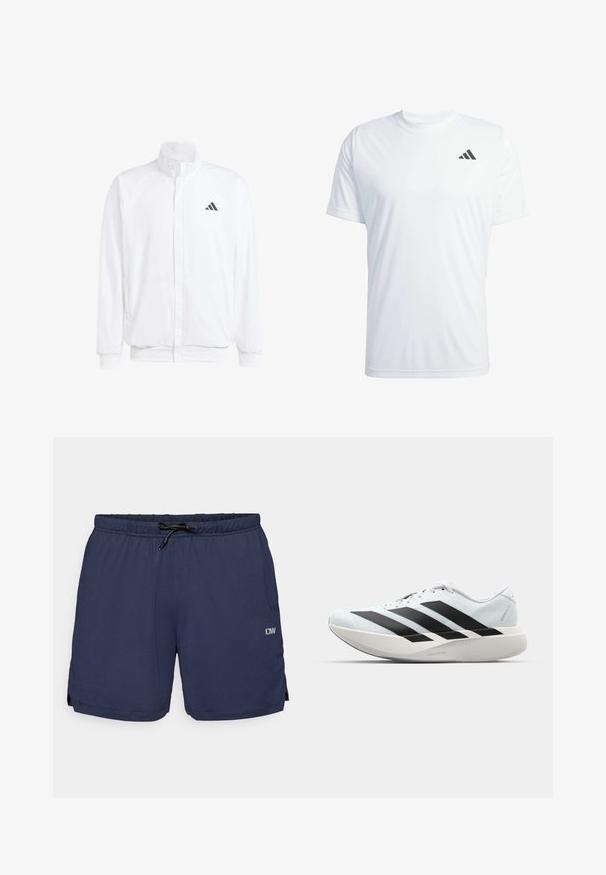Biela ľahká bunda so stojáčikovým golierom, predným zipsom, bočnými vreckami a čiernym logom Adidas na ľavej hrudi. Mäkčená štruktúra.; Biele krátke rukávy športové tričko vyrobené z ľahkého materiálu, s čiernym logom Adidas na hornej ľavej strane hrude.; Námornícke modré plavky s textúrovaným vzorom, elastickým pásom a nastaviteľnou šnúrkou. Obsahujú postranné rozparky pre lepšiu pohyblivosť a detail loga.; Ľahké bežecké topánky v svetlomodrej farbe s čiernymi pruhmi. Majú hladký zvršok, okrúle špičky a hrubú bielu medzipodrážku označenú "LIGHTSTRIKE PRO."