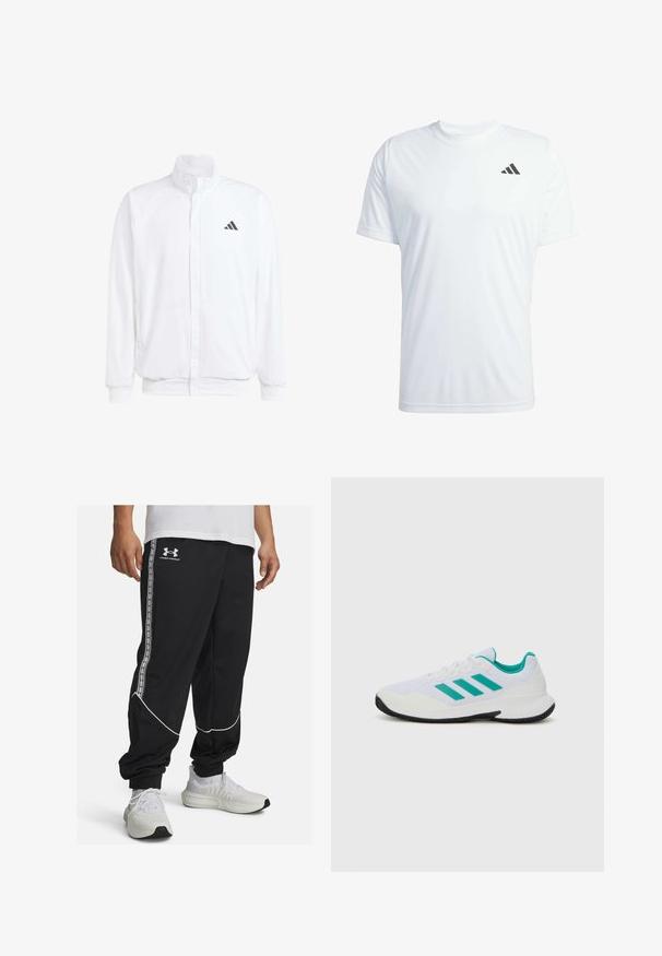 Witte lichtgewicht jas met een staande kraag, voorzijde met rits, zijzakken en een zwart Adidas-logo op de linkerborst. Zachte textuur.; Witte sport t-shirt met korte mouwen, gemaakt van een lichtgewicht stof, met een zwart Adidas-logo op de bovenste linkerkant van de borst.; Zwarte trackpants van glad materiaal, met witte piping en zijkanten met een logo. Aangesloten pasvorm met elastische boorden bij de enkels.; Witte sport schoen met turquoise accenten, bovenwerk van mesh, drie parallelle strepen aan de zijkant, gestructureerde hak en een zwarte rubberen zool.