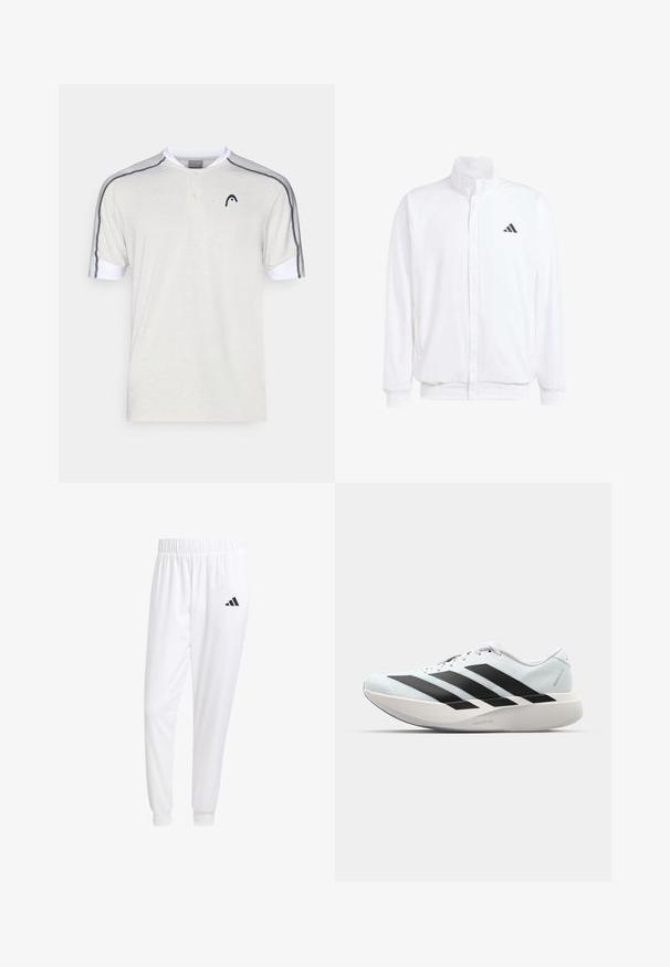 Jachetă albă ușoară, cu guler în picioare, închidere cu fermoar în față, buzunare laterale și un logo Adidas negru pe pieptul stâng. Textură moale.; Cămașă polo cu mânecă scurtă din bumbac gri deschis, cu guler alb, placket cu două butoane și dungi de accent gri închis pe umeri.; Pantaloni sport albi dintr-un material neted, cu un brâu elastic și mansete ajustate, având un logo negru pe buzunarul din spate.; Pantofi de alergare ușori în albastru deschis cu dungi negre. Au un superior neted, vârf rotund și o intermediară groasă albă etichetată "LIGHTSTRIKE PRO."