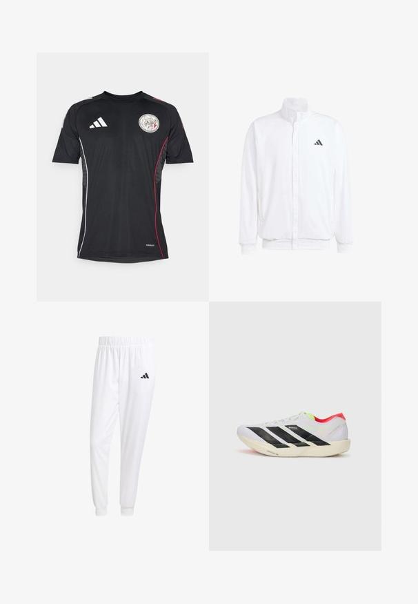 Balts viegls jaciņš ar stāvo apkakli, priekšējo rāvējslēdzēju, sānu kabatām un melnu Adidas logo kreisajā krūtī. Mīksta tekstūra.; Melnā sporta krekls ar īsajām piedurknēm, apaļo kaklu, baltajiem akcentiem, sarkaniem sānu svītrainajiem un aplīgo emblēmu uz krūtīm.; Baltas sporta bikses, kas izgatavotas no gludas auduma, ar elastīgu jostu un pieguļošiem uzmavām, ar melnu logotipu aizmugurējā kabatā.; Balti skrienamie apavi ar melnām svītrām, neona zaļiem akcentiem un sarkanu papēdi. Izceļas ar vieglu dizainu un teksturētu zoli, kas nodrošina labu saķeri.
