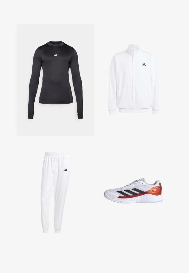 Vit lättviktsjacka med ståkrage, framdragkedja, sidofickor och en svart Adidas-logotyp på vänster bröst. Mjuk textur.; Långärmad träningsskjorta i svart, med en slim fit, rund halsringning och en vit Adidas-logotyp på bröstet. Slät, elastisk tyg.; Vita atletiska byxor gjorda av slät tyg, med resårmidja och åtsittande manschetter, samt en svart logotyp på bakfickan.; Vitt sportskor med svarta ränder, texturerad mesh-överdel, en röd och orange hälaccent och en vit gummisula.