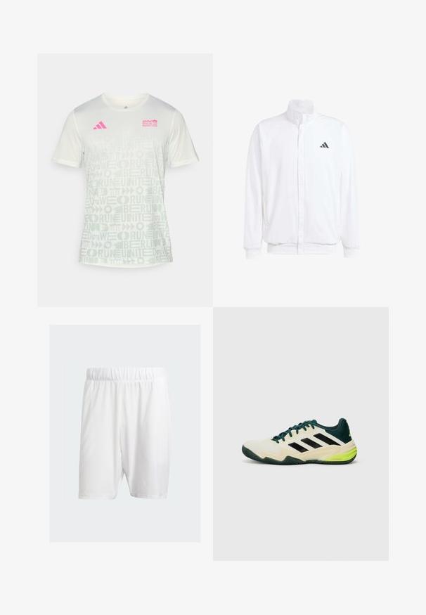 Valkoinen kevyt takki, jossa on pystysuora kaulus, etuvetoketju, sivutaskut ja musta Adidas-logo vasemmassa rinnassa. Pehmeä rakenne.; adidas Performance BER25 AOP TEE - Tekninen t-paita - crystal jade; Valkoiset urheilushortsit, jotka on valmistettu kevyestä kankaasta. Niissä on joustava vyötärö, sileä pinta ja polven pituinen leikkaus.; Tennarit, joissa on kerma vaalea yläosa, mustat raidat, vihreät yksityiskohdat ja teksturoitu kumipohja pitävyyttä varten. Valmistettu synteettisistä materiaaleista.