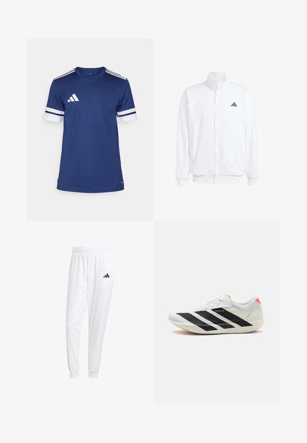 Bílá lehká bunda s stojatým límcem, předním zipem, bočními kapsami a černým logem Adidas na levé hrudi. Měkká textura.; Námořnická modrá sportovní košile s krátkým rukávem, bílé pruhované akcenty na rukávech a bílé logo na hrudi. Vyrobena z hladkého, prodyšného materiálu.; Bílé sportovní kalhoty vyrobené z hladkého materiálu, s elastickým pasem a přiléhavými manžetami, s černým logem na zadní kapse.; Bílé sportovní boty s černými diagonálními pruhy, lehký síťovaný materiál, zelené akcenty a červená patní klapka; mají štíhlý, prodloužený design.