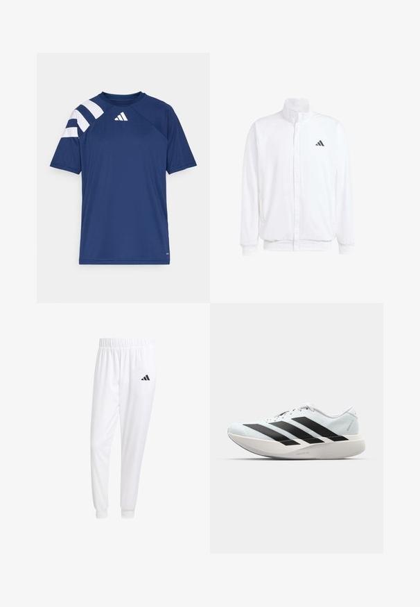 Chaqueta ligera blanca con cuello alzado, cierre frontal con cremallera, bolsillos laterales y un logo negro de Adidas en el lado izquierdo del pecho. Textura suave.; Camiseta deportiva azul marino hecha de tejido texturizado, con rayas blancas en el hombro izquierdo y un pequeño logo cerca del escote.; Pantalones deportivos blancos de tela suave, con cinturilla elástica y puños ajustados, y un logo negro en el bolsillo trasero.; Zapatillas de running ligeras en azul pálido con rayas negras. Presentan una parte superior suave, puntera redonda y una gruesa mediasuela blanca etiquetada como "LIGHTSTRIKE PRO".