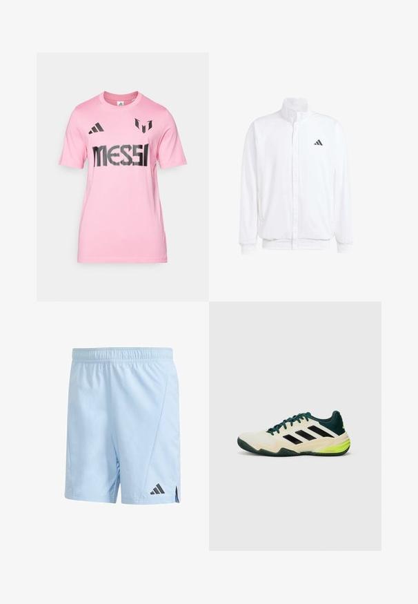 White lightweight jacket featuring a stand collar, front zipper closure, side pockets, and a black Adidas logo on the left chest. Soft texture.; Pink cotton t-shirt featuring black printed "MESSI" text, adidas logo, and distinctive design details on the shoulders. Short sleeves.; Light blue athletic shorts made from lightweight material. Features an elastic waistband and black Adidas logo on the lower left side.; Tennis shoes with a cream upper, black stripes, green accents, and a textured rubber sole for grip. Constructed from synthetic materials.