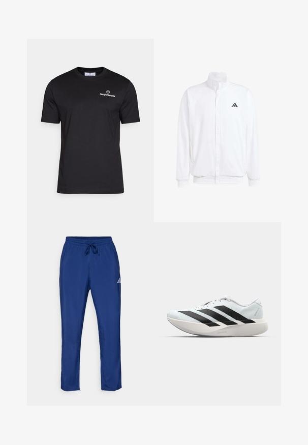 Bela lahka jakna s stojčnim ovratnikom, sprednjim zadrgo, stranskimi žepi in črnimi Adidasovimi logotipi na levem prsnem delu. Mehak material.; Sergio Tacchini BOLD - Navadna majica - black/white; Mornarsko modri športni hlače z elastičnim pasom in vrvico. Imajo subtilen logo na strani in zadrge na gležnjih.; Lahki tekaški čevlji v svetlo modri barvi z belimi črtami. Imajo gladek zgornji del, okroglo kapico in debel bel srednji podplat z označbo "LIGHTSTRIKE PRO."