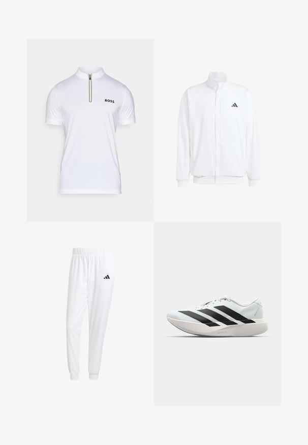 Balts viegls jaciņš ar stāvo apkakli, priekšējo rāvējslēdzēju, sānu kabatām un melnu Adidas logo kreisajā krūtī. Mīksta tekstūra.; Balts īsām piedurknēm polo krekls ar stāvošu apkakli, pusi rāvējslēdzēja un melnu logo. Tam ir strukturēta auduma virsma, kas nodrošina elpojamību.; Baltas sporta bikses, kas izgatavotas no gludas auduma, ar elastīgu jostu un pieguļošiem uzmavām, ar melnu logotipu aizmugurējā kabatā.; Gaiši zili vieglie skriešanas apavi ar melniem svītrainiem. Iezīmēti ar gludu augšpusi, apaļu purngalu un biezāko balto vidējo zoli, kurā ir uzraksts "LIGHTSTRIKE PRO."