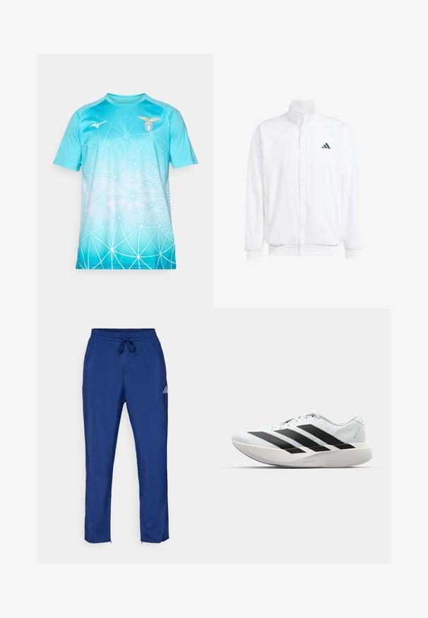 Λευκό ελαφρύ μπουφάν με όρθιο γιακά, φερμουάρ μπροστά, πλαϊνές τσέπες και μαύρο λογότυπο Adidas στο αριστερό στήθος. Μαλακή υφή.; Ανοιχτό μπλε αθλητικό μπλουζάκι με λευκό γεωμετρικό σχέδιο ιστού, λογότυπο S.S. Lazio στο δεξί στήθος και λογότυπο Mizuno στο αριστερό στήθος.; Στρατιωτικές μπλε αθλητικές παντελόνες με ελαστική μέση και κορδόνι. Διαθέτουν μια διακριτική λογότυπη στο πλάι και φερμουάρ στους αστραγάλους.; Ελαφριά αθλητικά παπούτσια τρεξίματος σε ανοιχτό μπλε με μαύρες ρίγες. Διαθέτουν λείο άνω μέρος, στρογγυλή μύτη και παχύ λευκό ενδιάμεσο πέλμα που φέρει την ετικέτα "LIGHTSTRIKE PRO."