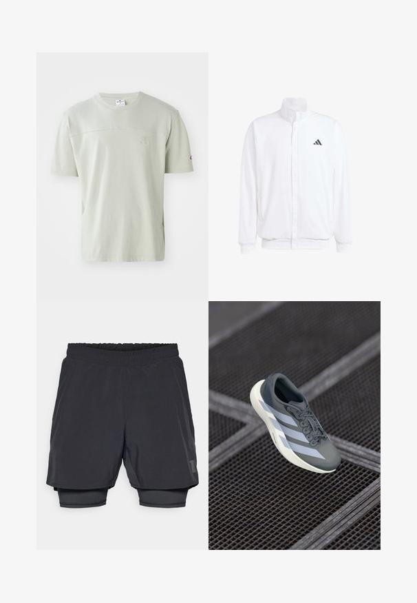 Balta lengva striukė su stovinčiu apykaklės, priekyje užtrauktuku, šoninėmis kišenėmis ir juodu Adidas logotipu kairėje krūtinės pusėje. Minkšta tekstūra.; Šviesiai žalias trumpomis rankovėmis marškinėliai pagaminti iš medvilnės. Turi apvalų kaklą ir subtilų logotipą ant krūtinės. Lygus audinys su laisvu siluetu.; Juodi sportiniai šortai su elastingu juosmeniu, sluoksniuota konstrukcija ir prigludusia vidine pamušalu. Turi subtilų logotipą apatinėje pusėje.; Sportiniai batai pilkos ir baltos spalvos, pagaminti iš sintetinės medžiagos, su srauniu dizainu, tekstūruota danga ir ryškiu raištelių sistemu.