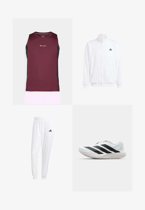 Jachetă albă ușoară, cu guler în picioare, închidere cu fermoar în față, buzunare laterale și un logo Adidas negru pe pieptul stâng. Textură moale.; Top sportiv de culoare vișinie, cu panouri laterale negre. Dispune de un guler rotund și logo Champion pe față. Fabricat din material care absoarbe umezeala.; Pantaloni sport albi dintr-un material neted, cu un brâu elastic și mansete ajustate, având un logo negru pe buzunarul din spate.; Pantofi de alergare ușori în albastru deschis cu dungi negre. Au un superior neted, vârf rotund și o intermediară groasă albă etichetată "LIGHTSTRIKE PRO."