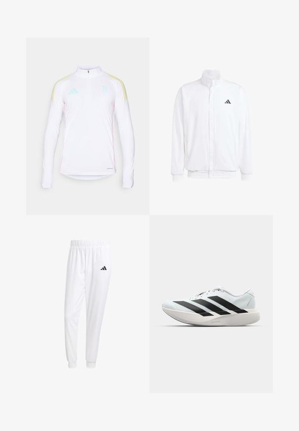 Balta lengva striukė su stovinčiu apykaklės, priekyje užtrauktuku, šoninėmis kišenėmis ir juodu Adidas logotipu kairėje krūtinės pusėje. Minkšta tekstūra.; Balta ilgomis rankovėmis sportinė palaidinė su pusiau užtrauktuku, geltonomis petnešomis, mėtų žalios spalvos akcentais ir rožiniais šonų siūlais. Su Aeroready ženklu.; Balti sportiniai keliaraiščiai, pagaminti iš lygios medžiagos, su elastinga liemene ir priglundančiais rankogaliais, ant galinio kišenės yra juodas logotipas.; Lengvi bėgimo batai šviesiai mėlynos spalvos su juodomis juostelėmis. Yra lygus viršus, apvalus pirštas ir storas baltas vidpadis su užrašu "LIGHTSTRIKE PRO."