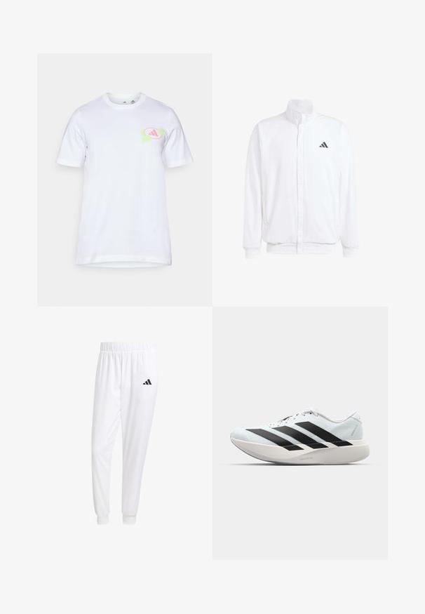 Bílá lehká bunda s stojatým límcem, předním zipem, bočními kapsami a černým logem Adidas na levé hrudi. Měkká textura.; Bílá bavlněná tričko s krátkým rukávem. Na levé části hrudi se nachází grafický design v světle růžové a zelené barvě, který připomíná logo.; Bílé sportovní kalhoty vyrobené z hladkého materiálu, s elastickým pasem a přiléhavými manžetami, s černým logem na zadní kapse.; Lehké běžecké boty v světle modré barvě s černými pruhy. Mají hladký svršek, kulatou špičku a silnou bílou mezipodešev označenou "LIGHTSTRIKE PRO."
