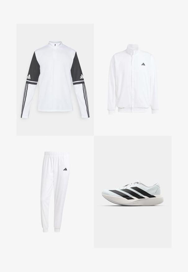 Valge kerge jakk, millel on seisev krae, ees lukuga kinnitus, küljetaskud ja must Adidas logo vasakul rinnal. Pehme tekstuur.; Pikad varrukad sportlik topp, millel on valge keha ja mustad varrukad, neljandik-zipi kaelus, Adidas'i logo ja kontrastsed triibud varrukatel.; Valged sportpüksid, mis on valmistatud siledast kangast, omavad elastset vöökohta ja kitsaid mansette, tagakoti peal on must logo.; Kerged jooksujalatsid helesinises värvuses mustade triipudega. Omavad siledat pealispinda, ümarat varvase osa ja paksu valget vahemõõtu, millel on silt "LIGHTSTRIKE PRO".