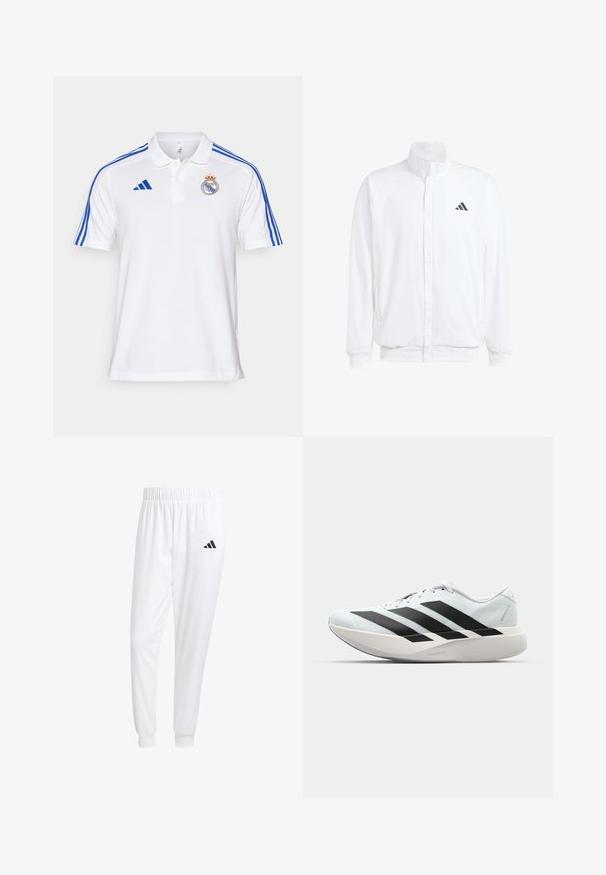 Bijela lagana jakna s visokim ovratnikom, prednjim zatvaračem, bočnim džepovima i crnim Adidas logom na lijevoj sisi. Mekana tekstura.; Bijela polo majica od pamuka, s plavim prugama na ramenima, izvezenim logotipom kluba na prsima i klasičnim kragnom.; Bijele atletske hlače od glatkog materijala, sa elastičnom vrpcom u struku i pripijenim manžetama, sa crnim logom na stražnjem džepu.; Lagane tenisice za trčanje u svijetloplavoj boji s crnim trakama. Imaju glatku gornju površinu, okrugli vrh i debeli bijeli srednji sloj označen "LIGHTSTRIKE PRO."