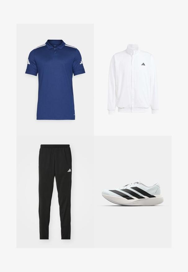 Jachetă albă ușoară, cu guler în picioare, închidere cu fermoar în față, buzunare laterale și un logo Adidas negru pe pieptul stâng. Textură moale.; Tricou polo bleu marin dintr-un material respirabil, cu mâneci scurte, guler, închidere cu trei nasturi și trei dungi albe pe umeri.; Pantaloni de sport negri cu talie elastică, design tapered și logo Adidas alb pe coapsa stângă. Material neted și ușor.; Pantofi de alergare ușori în albastru deschis cu dungi negre. Au un superior neted, vârf rotund și o intermediară groasă albă etichetată "LIGHTSTRIKE PRO."