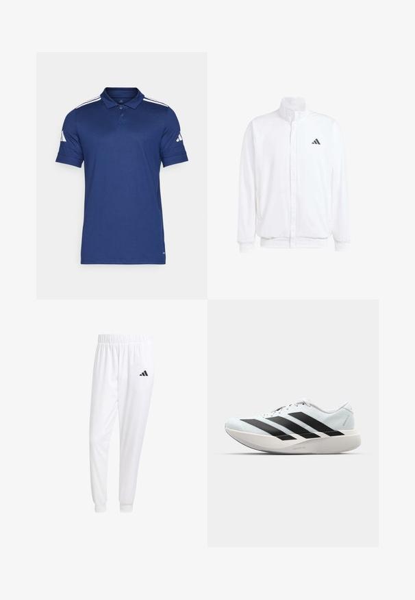 Valkoinen kevyt takki, jossa on pystysuora kaulus, etuvetoketju, sivutaskut ja musta Adidas-logo vasemmassa rinnassa. Pehmeä rakenne.; Tummansininen polo-paita, joka on valmistettu hengittävästä kankaasta. Paidassa on lyhyet hihat, kaulus, kolmipainike-aukko ja kolme valkoista raitaa harteilla.; Valkoiset urheiluhousut, jotka on valmistettu sileästä kankaasta, jossa on joustava vyötärö ja istuvat hihat, ja joissa on musta logo takataskussa.; Kevyt juoksukengät vaaleansinisinä mustilla raidoilla. Ominaisuuksiin kuuluu sileä pinta, pyöreä kärki ja paksu valkoinen välipohja, joka on merkitty "LIGHTSTRIKE PRO".