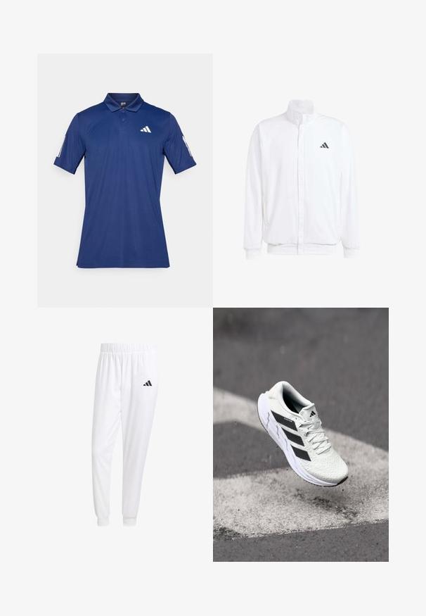 Giacca leggera bianca con colletto alto, chiusura frontale con zip, tasche laterali e logo Adidas nero sul lato sinistro del petto. Texture morbida.; Polo shirt blu navy realizzato in tessuto leggero, con colletto classico, maniche corte e dettagli in bianco sul petto e sulla manica.; Pantaloni sportivi bianchi realizzati in tessuto liscio, con una vita elasticizzata e polsini aderenti, dotati di un logo nero sulla tasca posteriore.; Scarpa sportiva bianca con tomaia in rete testurizzata, strisce nere, chiusura con lacci e suola ammortizzata, che levita sopra una superficie stradale segnata.