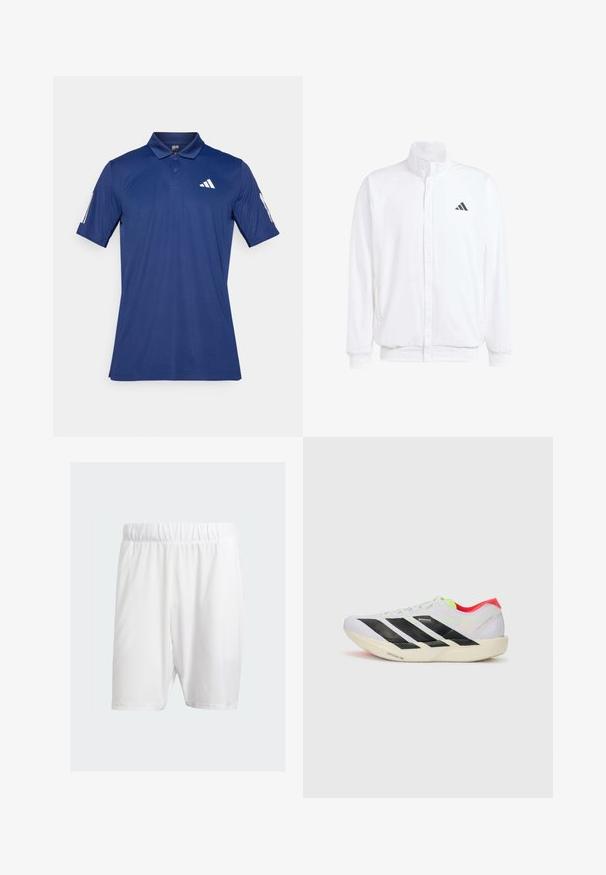 Biela ľahká bunda so stojáčikovým golierom, predným zipsom, bočnými vreckami a čiernym logom Adidas na ľavej hrudi. Mäkčená štruktúra.; Námořnická modrá polo košele vyrobená z lehkého materiálu, s klasickým límcem, krátkými rukávy a bílými logovými akcenty na hrudi a rukávu.; Biele atletické šortky vyrobené z ľahkého materiálu, s elastickým pásom, hladkou textúrou a strihom po kolená.; Biele behacie topánky s čiernymi pruhmi, neonovo zelenými akcentmi a červeným podpätkom. Majú ľahkú konštrukciu a textúrovanú podrážku pre lepšiu trakciu.