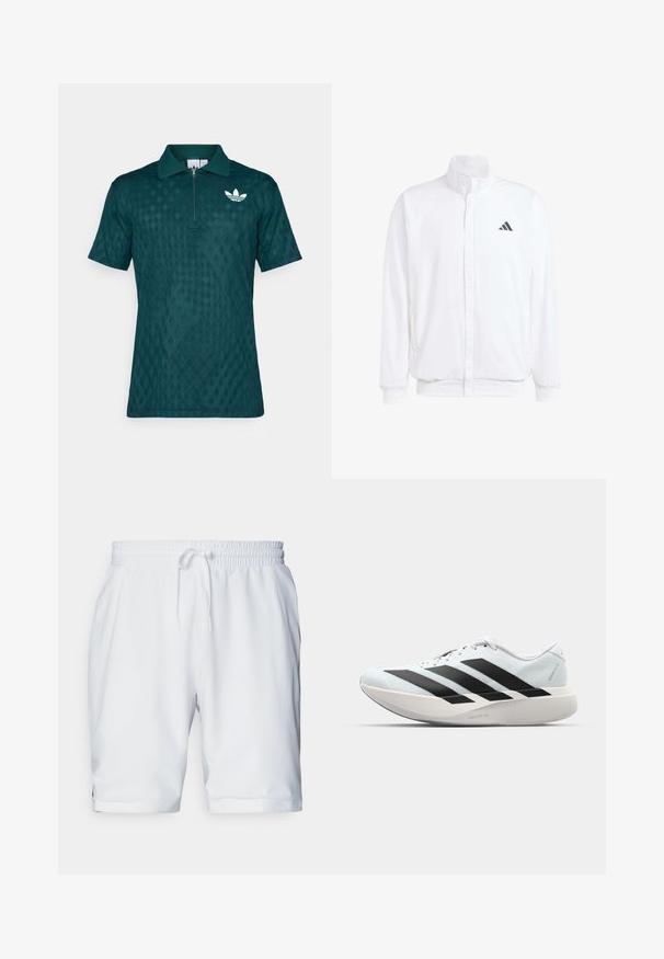 Giacca leggera bianca con colletto alto, chiusura frontale con zip, tasche laterali e logo Adidas nero sul lato sinistro del petto. Texture morbida.; Polo shirt teal con colletto con zip, trama a motivo diamante e accento del logo bianco sul lato sinistro del petto. Maniche corte.; Shorts atletici bianchi con vita elastica e coulisse regolabile. Tessuto morbido con una texture sottile, dotati di tasche laterali.; Scarpe da corsa leggere di colore azzurro pallido con strisce nere. Presentano una tomaia liscia, punta rotonda e un'ampia intersuola bianca etichettata "LIGHTSTRIKE PRO."