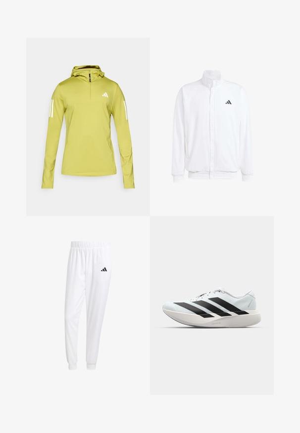 Fehér, könnyű dzseki, álló gallérral, elülső cipzáros záródással, oldalsó zsebekkel és fekete Adidas logóval a bal mellen. Puha tapintású.; Világoszöld, hosszúujjú kapucnis pulóver félig cipzárral, fehér csíkokkal az ujjakon és logóval a mellen. Texturált, elasztikus anyag.; Fehér sportnadrág sima anyagból, rugalmas derékpánttal és szűkített bokákkal, a hátsó zsebében fekete logóval.; Világoskék, fekete csíkos könnyű futószerek. Simább felső résszel, kerek orral és vastag fehér középtalppal, amelyen a "LIGHTSTRIKE PRO" felirat olvasható.