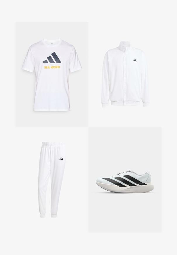 Hvid letvægtsjakke med en ståkrave, frontlynlås, sidelommer og et sort Adidas-logo på venstre bryst. Blød tekstur.; Hvid bomulds t-shirt med et marineblåt Adidas-logo og "REAL MADRID" trykt i gul under logoet. Korte ærmer, rund halsudskæring.; Hvide sportsbukser lavet af glat stof, med elastisk talje og tætsiddende manchetter, og med et sort logo på baglommen.; Letvægtige løbesko i lys blå med sorte striber. Har en glat overdel, rund tå og tyk hvid mellemsål mærket "LIGHTSTRIKE PRO."