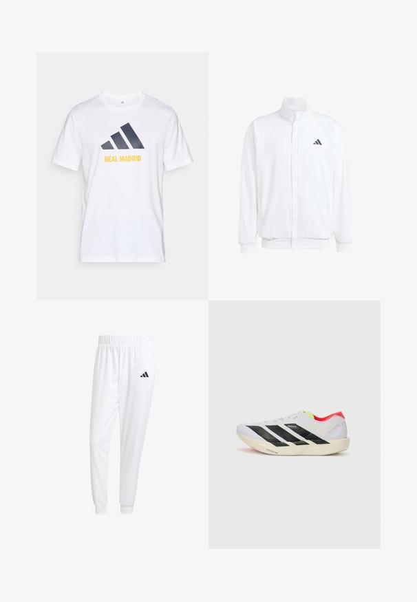 White lightweight jacket featuring a stand collar, front zipper closure, side pockets, and a black Adidas logo on the left chest. Soft texture.; White cotton t-shirt featuring a navy blue Adidas logo and "REAL MADRID" printed in yellow below the logo. Short sleeves, crew neck design.; White athletic pants made of smooth fabric, featuring an elastic waistband and fitted cuffs, with a black logo on the back pocket.; White running shoe with black stripes, neon green accents, and a red heel. Features a lightweight design and textured sole for grip.