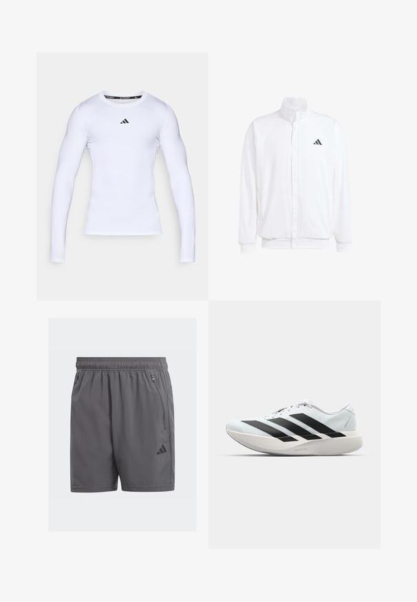 Balts viegls jaciņš ar stāvo apkakli, priekšējo rāvējslēdzēju, sānu kabatām un melnu Adidas logo kreisajā krūtī. Mīksta tekstūra.; Balta garā piedurkne sporta krekls, izgatavots no elastīga auduma, ar apaļu kakla izgriezumu un melnu Adidas logo uz krūšu daļas.; Pelēki sporta šorti ar elastīgu jostu, sānu rāvējslēdzēja kabatām un melnu logotipa akcentu. Viegls, gluds audums un garums līdz ceļiem.; Gaiši zili vieglie skriešanas apavi ar melniem svītrainiem. Iezīmēti ar gludu augšpusi, apaļu purngalu un biezāko balto vidējo zoli, kurā ir uzraksts "LIGHTSTRIKE PRO."