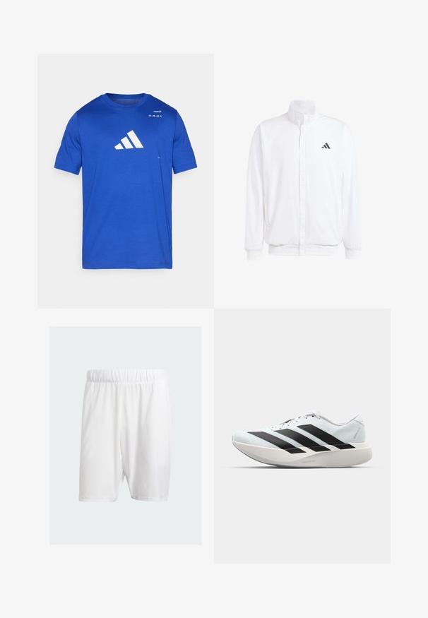 Chaqueta ligera blanca con cuello alzado, cierre frontal con cremallera, bolsillos laterales y un logo negro de Adidas en el lado izquierdo del pecho. Textura suave.; adidas Performance Camiseta deportiva - lucid blue; Pantalones cortos deportivos blancos hechos de una tela ligera, con una cinturilla elástica, textura suave y corte a la altura de la rodilla.; Zapatillas de running ligeras en azul pálido con rayas negras. Presentan una parte superior suave, puntera redonda y una gruesa mediasuela blanca etiquetada como "LIGHTSTRIKE PRO".