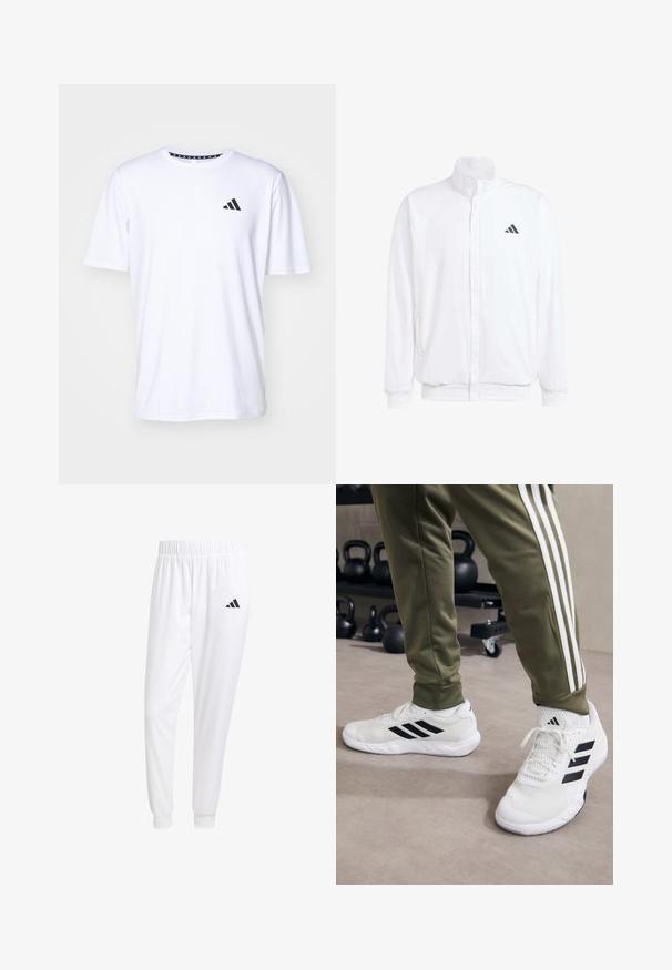 Weiße leichte Jacke mit Stehkragen, durchgehendem Reißverschluss, seitlichen Taschen und schwarzem Adidas-Logo auf der linken Brust. Weicher Stoff.; Weißes T-Shirt mit kurzen Ärmeln aus glattem Stoff. Verfügt über ein schwarzes adidas-Logo auf der linken Brust und einen gemusterten Kragen.; Weiße Sporthose aus glattem Stoff, mit einem elastischen Bund und enganliegenden Bündchen, mit einem schwarzen Logo auf der Gesäßtasche.; Weiße Sportschuhe mit schwarzen Streifen, Netztextur und gepolstertem Kragen, kombiniert mit olivgrünen Hosen mit weißen Seitenstreifen.