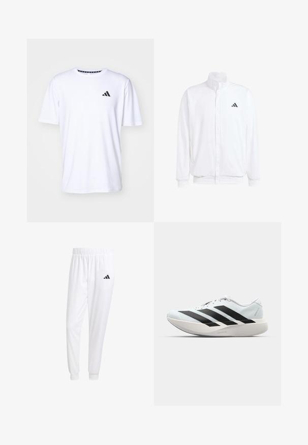 Casaco leve branco com colarinho alto, fecho frontal com zipper, bolsos laterais e um logótipo preto da Adidas no peito esquerdo. Textura suave.; T-shirt branco de mangas curtas feito de um tecido com uma textura suave. Apresenta um logótipo preto da adidas no lado esquerdo do peito e uma gola estampada.; Calças esportivas brancas feitas de tecido suave, com uma cintura elástica e punhos ajustados, apresentando um logo preto no bolso de trás.; Tênis de corrida leves em azul pálido com riscas pretas. Apresentam um cabedal liso, bico redondo e uma entressola espessa branca rotulada como "LIGHTSTRIKE PRO."