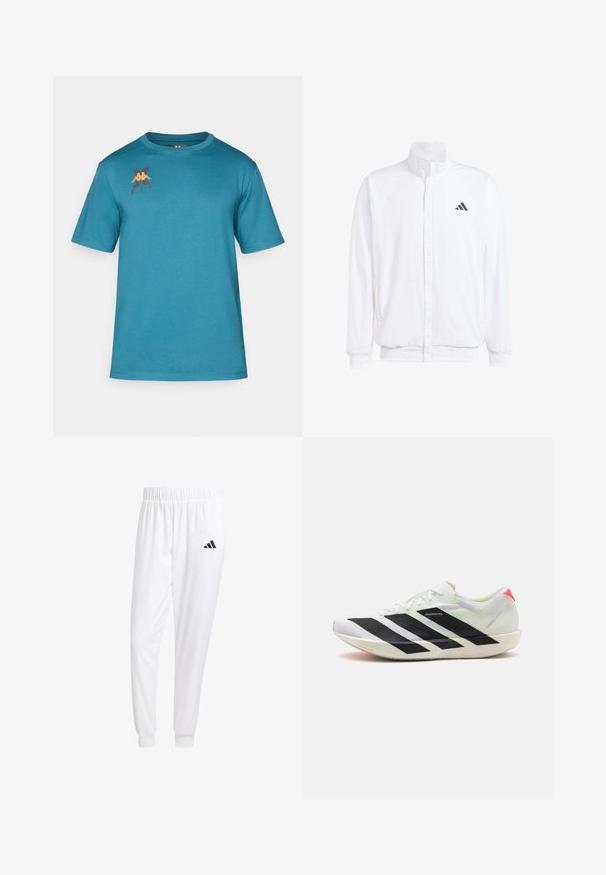 White lightweight jacket featuring a stand collar, front zipper closure, side pockets, and a black Adidas logo on the left chest. Soft texture.; Short-sleeve teal T-shirt made of soft fabric, featuring a rounded neckline and a logo in orange and black on the left chest.; White athletic pants made of smooth fabric, featuring an elastic waistband and fitted cuffs, with a black logo on the back pocket.; White athletic shoe with black diagonal stripes, lightweight mesh material, green accents, and red heel tab; features a sleek, elongated design.