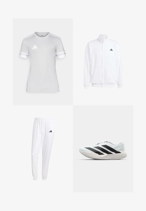 Bílá lehká bunda s stojatým límcem, předním zipem, bočními kapsami a černým logem Adidas na levé hrudi. Měkká textura.; Triko s krátkým rukávem, světle šedá látka, kulatý výstřih, bílé třípruhové akcenty na rukávech, malé reflexní logo na hrudi.; Bílé sportovní kalhoty vyrobené z hladkého materiálu, s elastickým pasem a přiléhavými manžetami, s černým logem na zadní kapse.; Lehké běžecké boty v světle modré barvě s černými pruhy. Mají hladký svršek, kulatou špičku a silnou bílou mezipodešev označenou "LIGHTSTRIKE PRO."