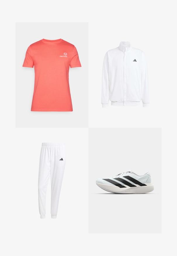 Balta lengva striukė su stovinčiu apykaklės, priekyje užtrauktuku, šoninėmis kišenėmis ir juodu Adidas logotipu kairėje krūtinės pusėje. Minkšta tekstūra.; Koralo spalvos trumpomis rankovėmis marškinėliai, pagaminti iš medvilnės. Yra apvalia iškirpte ir mažas baltas logotipas ant krūtinės. Lygus paviršius, standartinio kirpimo.; Balti sportiniai keliaraiščiai, pagaminti iš lygios medžiagos, su elastinga liemene ir priglundančiais rankogaliais, ant galinio kišenės yra juodas logotipas.; Lengvi bėgimo batai šviesiai mėlynos spalvos su juodomis juostelėmis. Yra lygus viršus, apvalus pirštas ir storas baltas vidpadis su užrašu "LIGHTSTRIKE PRO."
