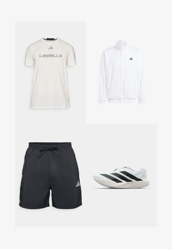 Vit lättviktsjacka med ståkrage, framdragkedja, sidofickor och en svart Adidas-logotyp på vänster bröst. Mjuk textur.; Vitt kortärmat idrottströja i mjukt tyg, med en grå "LesMills"-logotyp, rundad halsringning och platta sömmar.; Svarta träningsshorts i lättviktig tyg, med resårmidja och dragsnöre samt en silverfärgad Adidas-logga på sidan.; Lätta löparskor i ljusblått med svarta ränder. Har en slät ovandel, rund tå och tjock vit mellansula märkt "LIGHTSTRIKE PRO."