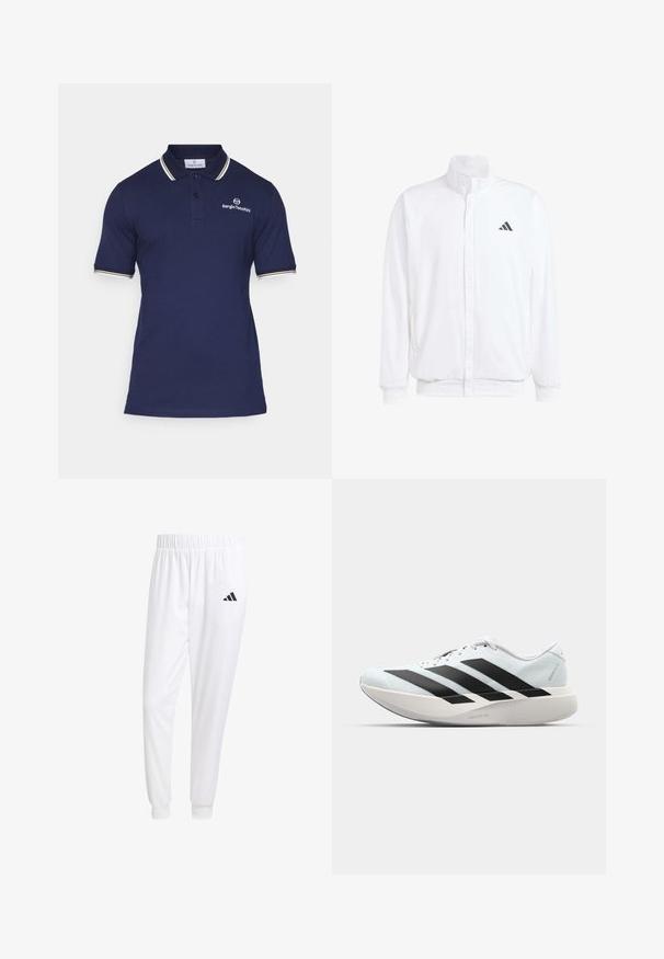 Casaco leve branco com colarinho alto, fecho frontal com zipper, bolsos laterais e um logótipo preto da Adidas no peito esquerdo. Textura suave.; Camisa polo azul-marinho feita de algodão, com um fecho de dois botões, mangas curtas com detalhes em listras amarelas e brancas, e bordado do logótipo.; Calças esportivas brancas feitas de tecido suave, com uma cintura elástica e punhos ajustados, apresentando um logo preto no bolso de trás.; Tênis de corrida leves em azul pálido com riscas pretas. Apresentam um cabedal liso, bico redondo e uma entressola espessa branca rotulada como "LIGHTSTRIKE PRO."