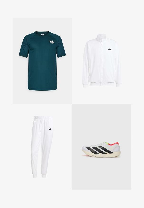 Bijela lagana jakna s visokim ovratnikom, prednjim zatvaračem, bočnim džepovima i crnim Adidas logom na lijevoj sisi. Mekana tekstura.; Tamnozelena atletska majica s kratkim raglan rukavima. Ima bijeli Adidas logotip na gornjoj lijevoj strani prsnog dijela. Glatki, lagani materijal.; Bijele atletske hlače od glatkog materijala, sa elastičnom vrpcom u struku i pripijenim manžetama, sa crnim logom na stražnjem džepu.; Bijela trkačka cipela s crnim prugama, neon zelenim naglascima i crvenim petom. Ima lagani dizajn i teksturiranu potplat za bolji grip.