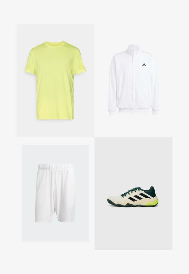 Vit lättviktsjacka med ståkrage, framdragkedja, sidofickor och en svart Adidas-logotyp på vänster bröst. Mjuk textur.; Ljusgul t-shirt med kort ärm i texturerad tyg. Inkluderar subtil varumärkeslogotyp på vänster ärm. Klassisk design med rund hals.; Vita atletiska shorts i lätt tyg, med elastisk midja, slät yta och knälång längd.; Tennisskor med en krämfärgad ovandel, svarta ränder, gröna detaljer och en texturerad gummisula för bättre grepp. Tillverkade av syntetiska material.