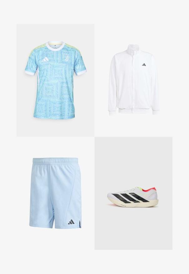 Bílá lehká bunda s stojatým límcem, předním zipem, bočními kapsami a černým logem Adidas na levé hrudi. Měkká textura.; Světle modrý dres s abstraktními vírovými vzory, bílými akcenty a třemi žlutými pruhy na ramenou. Obsahuje logo Adidas a erb Juventusu.; Světle modré sportovní šortky vyrobené z lehkého materiálu. Mají elastický pas a černé logo Adidas na dolní levé straně.; Bílé běžecké boty s černými pruhy, neonově zelenými akcenty a červenou patou. Mají lehký design a texturovanou podrážku pro lepší přilnavost.