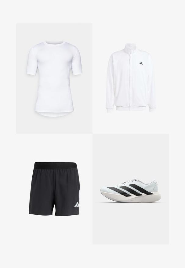White lightweight jacket featuring a stand collar, front zipper closure, side pockets, and a black Adidas logo on the left chest. Soft texture.; White short-sleeve performance shirt made from stretchy material. Features a round neck and flat seams for comfort and a fitted design.; Black athletic shorts with an elastic waistband, featuring a smooth texture and a reflective white logo on the lower left side.; Lightweight running shoes in pale blue with black stripes. Features a smooth upper, round toe, and thick white midsole labeled "LIGHTSTRIKE PRO."