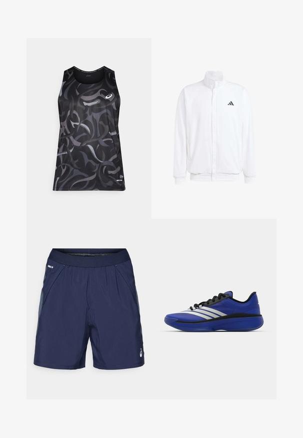 Biela ľahká bunda so stojáčikovým golierom, predným zipsom, bočnými vreckami a čiernym logom Adidas na ľavej hrudi. Mäkčená štruktúra.; Čierny športový tielko s vírivými šedými a tmavými vzormi. Má okrúhly výstrih a malé logo na prednej ľavej strane. Hladká textura.; Námořnické modré športové šortky s elastickým pásom, bočnými vreckami a svetlosivými akcentmi. Vyrobené z ľahkého, hladkého materiálu pre pohodlie.; adidas Performance ADIZERO SELECT 3.0 - Basketbalová obuv - lucid blue/core black/metallic