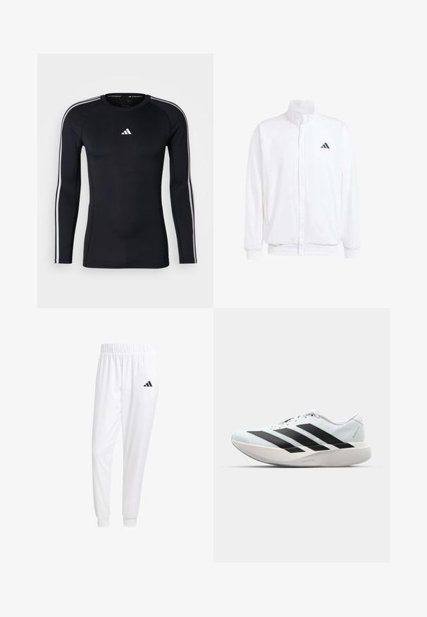 White lightweight jacket featuring a stand collar, front zipper closure, side pockets, and a black Adidas logo on the left chest. Soft texture.; Black long-sleeve athletic shirt with a fitted design. Features a white Adidas logo on the chest and white stripes along the shoulders.; White athletic pants made of smooth fabric, featuring an elastic waistband and fitted cuffs, with a black logo on the back pocket.; Lightweight running shoes in pale blue with black stripes. Features a smooth upper, round toe, and thick white midsole labeled "LIGHTSTRIKE PRO."