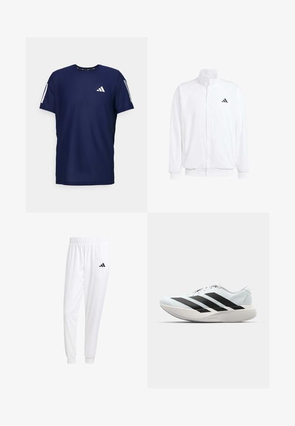 Valge kerge jakk, millel on seisev krae, ees lukuga kinnitus, küljetaskud ja must Adidas logo vasakul rinnal. Pehme tekstuur.; Tumed sinine sportlik T-särk, mis on valmistatud hingavast kangast. Särgil on lühikesed varrukad, ümmargune kaelus ning valge logo vasakul rinnal ja varrukatel.; Valged sportpüksid, mis on valmistatud siledast kangast, omavad elastset vöökohta ja kitsaid mansette, tagakoti peal on must logo.; Kerged jooksujalatsid helesinises värvuses mustade triipudega. Omavad siledat pealispinda, ümarat varvase osa ja paksu valget vahemõõtu, millel on silt "LIGHTSTRIKE PRO".
