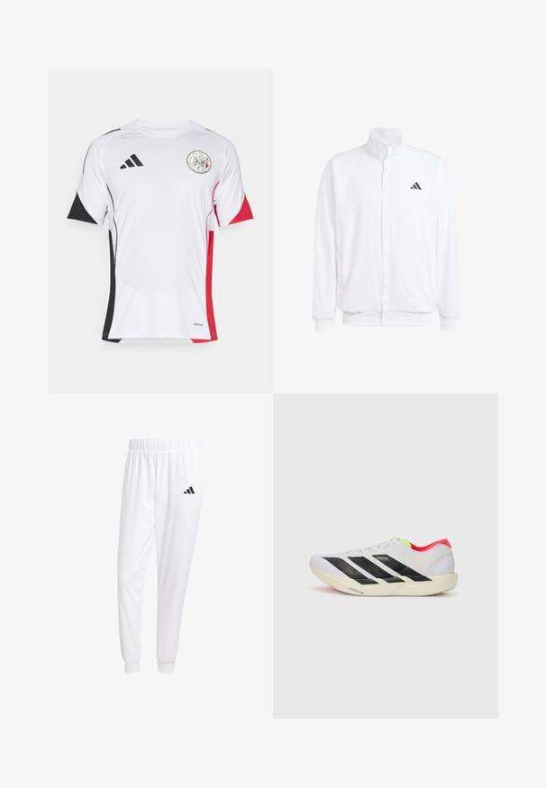 Bijela lagana jakna s visokim ovratnikom, prednjim zatvaračem, bočnim džepovima i crnim Adidas logom na lijevoj sisi. Mekana tekstura.; Bijela sportska majica s crnim i crvenim akcentima, kratkim rukavima i okruglim ovratnikom. Sadrži logo sprijeda. Izrađena od prozračnog materijala.; Bijele atletske hlače od glatkog materijala, sa elastičnom vrpcom u struku i pripijenim manžetama, sa crnim logom na stražnjem džepu.; Bijela trkačka cipela s crnim prugama, neon zelenim naglascima i crvenim petom. Ima lagani dizajn i teksturiranu potplat za bolji grip.