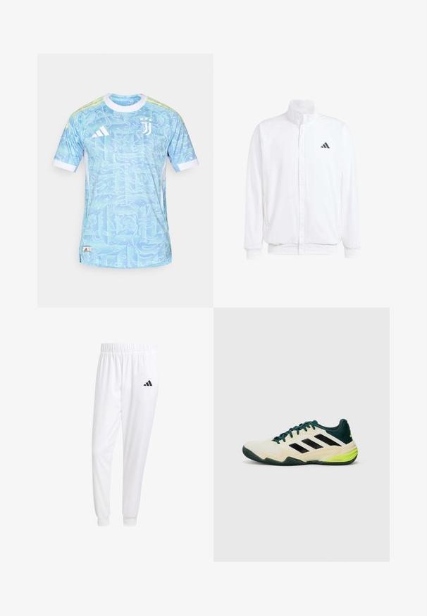 Valkoinen kevyt takki, jossa on pystysuora kaulus, etuvetoketju, sivutaskut ja musta Adidas-logo vasemmassa rinnassa. Pehmeä rakenne.; Sininen urheilupaita, jossa on pyörivä kuvio, lyhyet hihat ja valkoiset yksityiskohdat. Edessä on Adidas-logo ja Juventuksen logo.; Valkoiset urheiluhousut, jotka on valmistettu sileästä kankaasta, jossa on joustava vyötärö ja istuvat hihat, ja joissa on musta logo takataskussa.; Tennarit, joissa on kerma vaalea yläosa, mustat raidat, vihreät yksityiskohdat ja teksturoitu kumipohja pitävyyttä varten. Valmistettu synteettisistä materiaaleista.