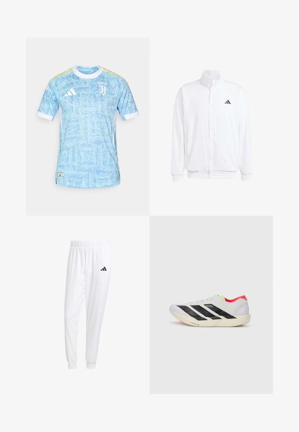 Valge kerge jakk, millel on seisev krae, ees lukuga kinnitus, küljetaskud ja must Adidas logo vasakul rinnal. Pehme tekstuur.; Sinine spordipusa, millel on keerdkäiguga muster, lühikesed varrukad ja valged aktsendid. Ees on Adidas'i logo ja Juventuse embleem.; Valged sportpüksid, mis on valmistatud siledast kangast, omavad elastset vöökohta ja kitsaid mansette, tagakoti peal on must logo.; Valge jooksuking mustade triipudega, ere roheline aksessuaar ja punane konts. Omab kerget disaini ja tekstureeritud talla, mis tagab haarde.