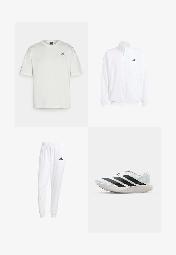 Witte lichtgewicht jas met een staande kraag, voorzijde met rits, zijzakken en een zwart Adidas-logo op de linkerborst. Zachte textuur.; adidas Performance ANTHONY ADWARDS ANTED TEE - Sport T-shirt - cloud white; Witte sportbroek van gladde stof, met een elastische tailleband en smalle taillebanden, voorzien van een zwart logo op de achterzak.; Lichte hardloopschoenen in lichtblauw met zwarte strepen. Beschikt over een soepele bovenkant, ronde neusstuk en dikke witte tussenzool met het label "LIGHTSTRIKE PRO."