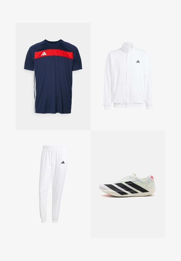Bijela lagana jakna s visokim ovratnikom, prednjim zatvaračem, bočnim džepovima i crnim Adidas logom na lijevoj sisi. Mekana tekstura.; Mornarski sportski majica s crvenom vodoravnom prugom i bijelim detaljima. Izrađena od glatkog materijala s kratkim rukavima i okruglim izrezom.; Bijele atletske hlače od glatkog materijala, sa elastičnom vrpcom u struku i pripijenim manžetama, sa crnim logom na stražnjem džepu.; Bijela sportska cipela s crnim dijagonalnim prugama, lagani mrežasti materijal, zeleni akcenti i crvena petna oznaka; karakterizira je elegantan, izdužen dizajn.